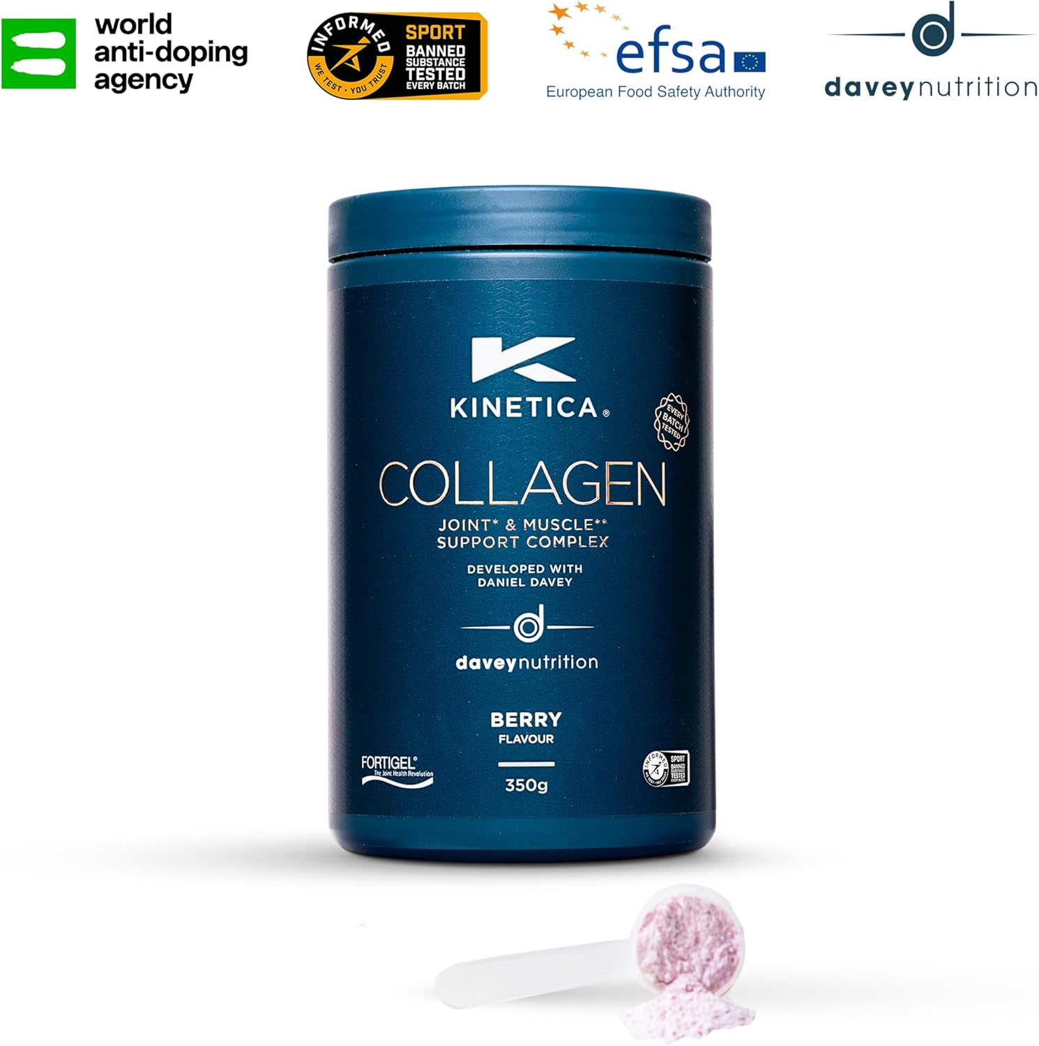 Kinetica Collagen Powder Joint & Muscle Support Complex FORTIGEL Bovine Collagen peptides, 320mg Vitamin C, 5μg Vitamin D, 100mg Hyaluronic Acid, 500mg Glucosamine Sulphate, Berry Flavour, 350g-6