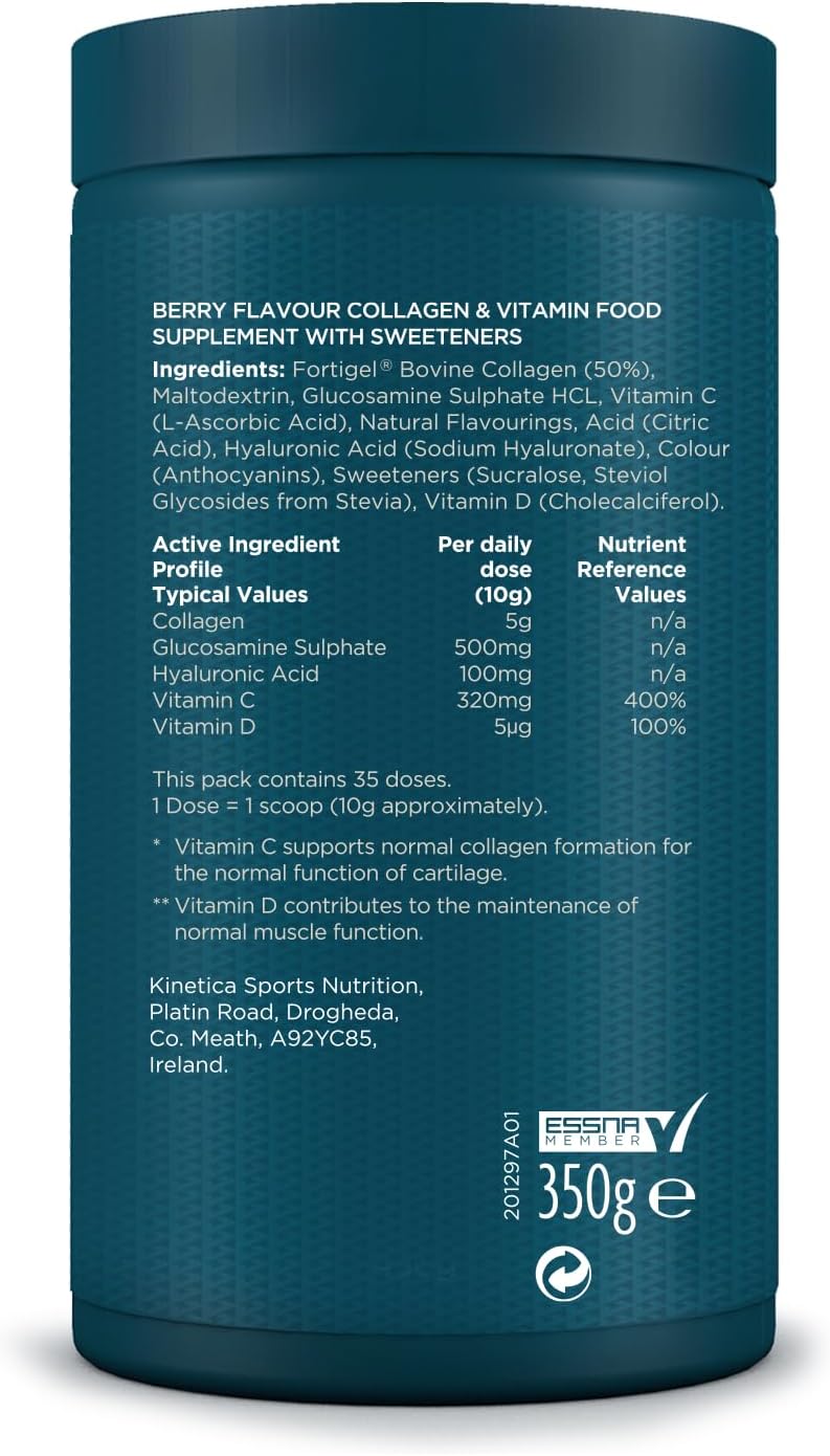 Kinetica Collagen Powder Joint & Muscle Support Complex FORTIGEL Bovine Collagen peptides, 320mg Vitamin C, 5μg Vitamin D, 100mg Hyaluronic Acid, 500mg Glucosamine Sulphate, Berry Flavour, 350g-8