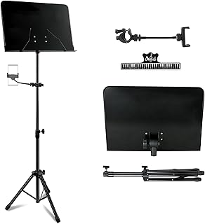 EASTROCK Portable Music Stand, Sheet Music Stand with Phone Stand Metal Folding Music Stand (No Holes,Black)