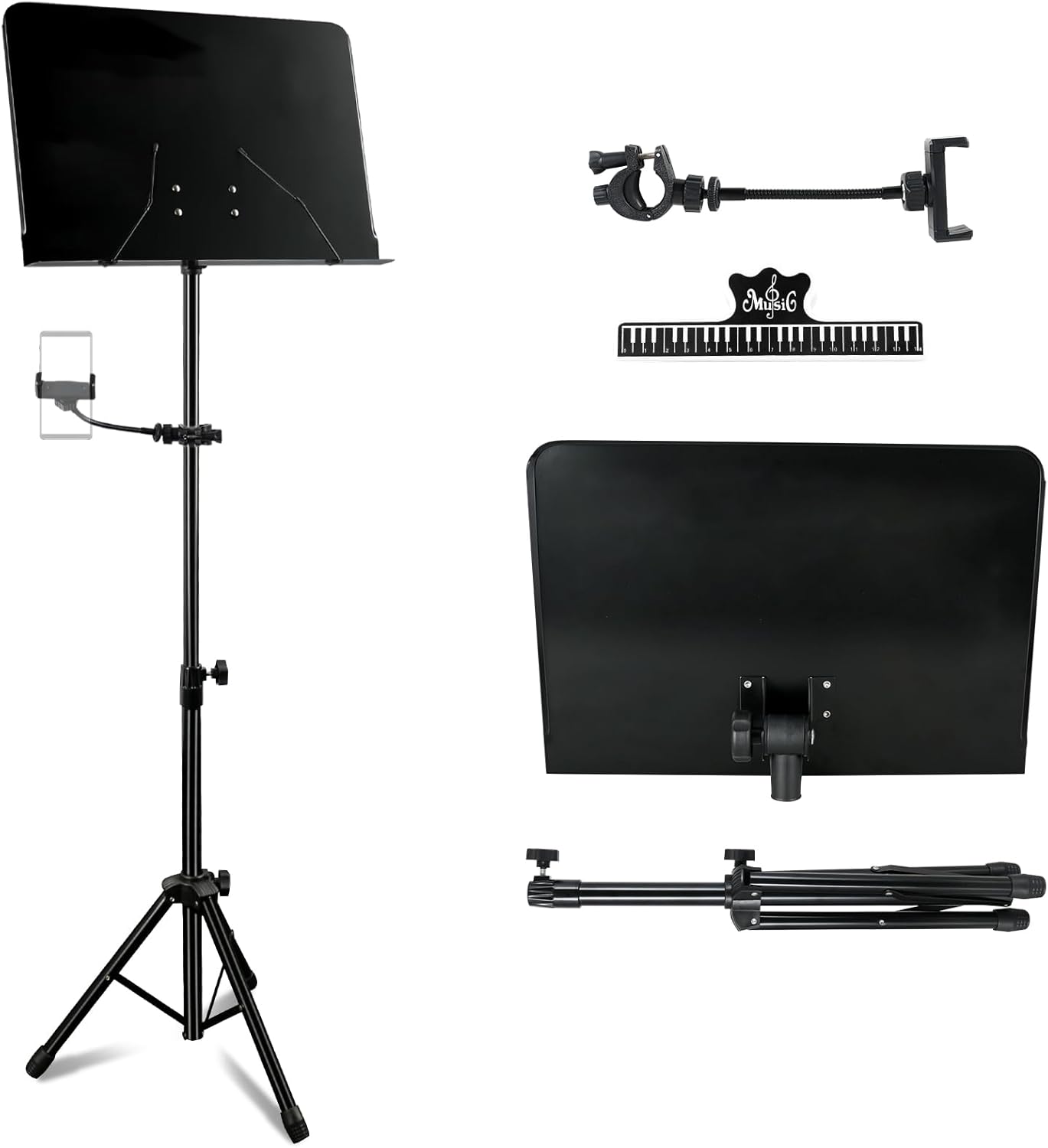 EASTROCK Portable Music Stand, Sheet Music Stand with Phone Stand Metal Folding Music Stand (No Holes,Black)-0