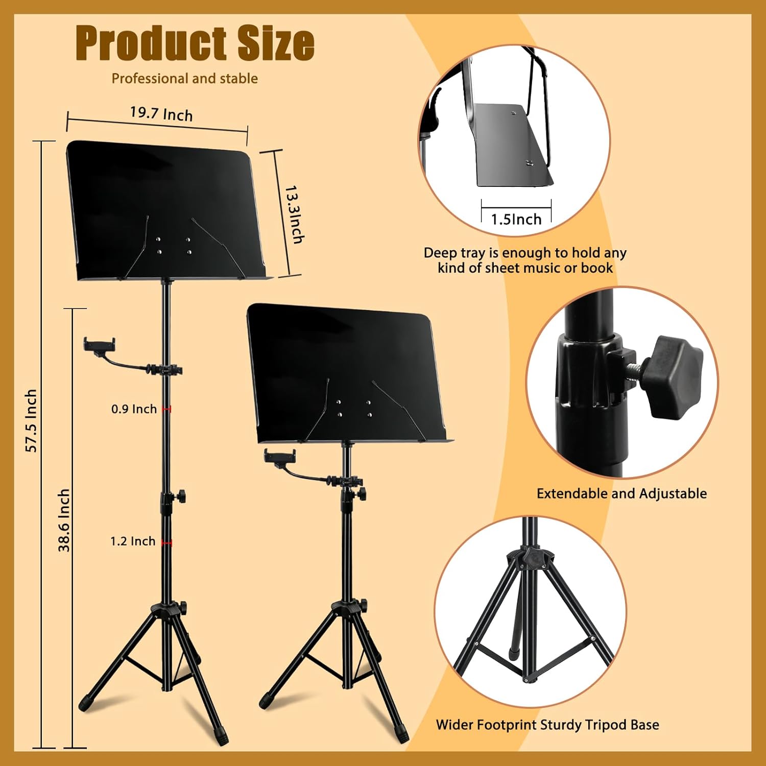 EASTROCK Portable Music Stand, Sheet Music Stand with Phone Stand Metal Folding Music Stand (No Holes,Black)-1