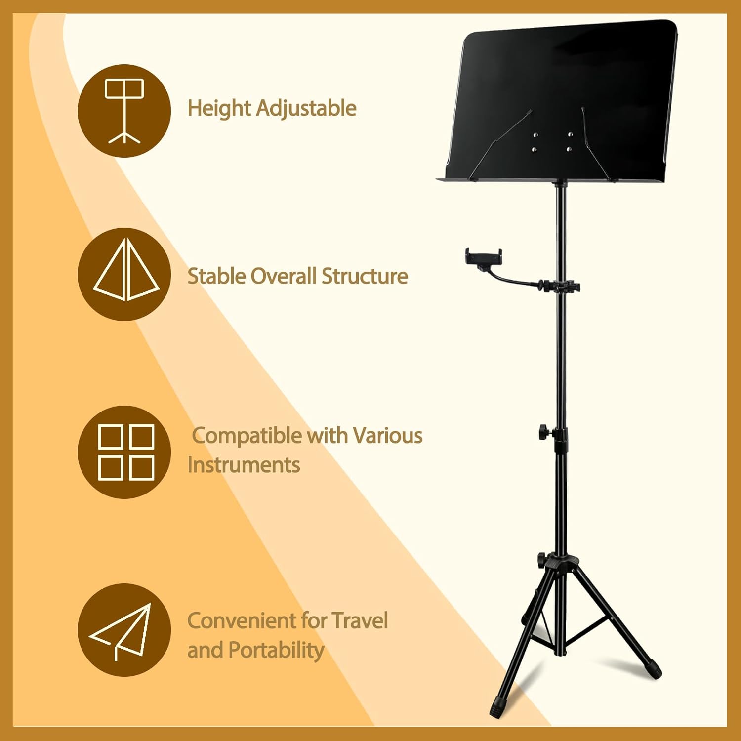 EASTROCK Portable Music Stand, Sheet Music Stand with Phone Stand Metal Folding Music Stand (No Holes,Black)-4