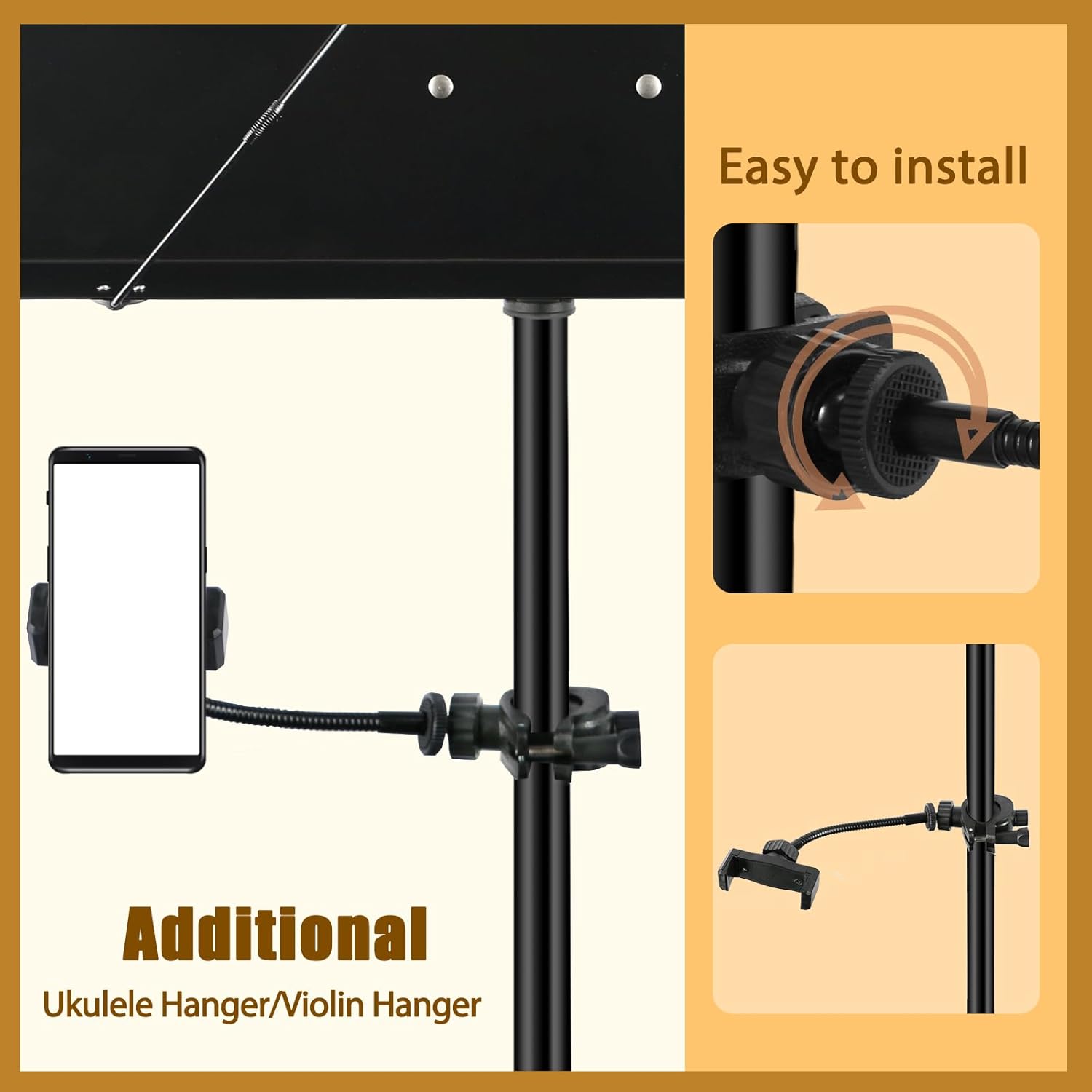 EASTROCK Portable Music Stand, Sheet Music Stand with Phone Stand Metal Folding Music Stand (No Holes,Black)-5