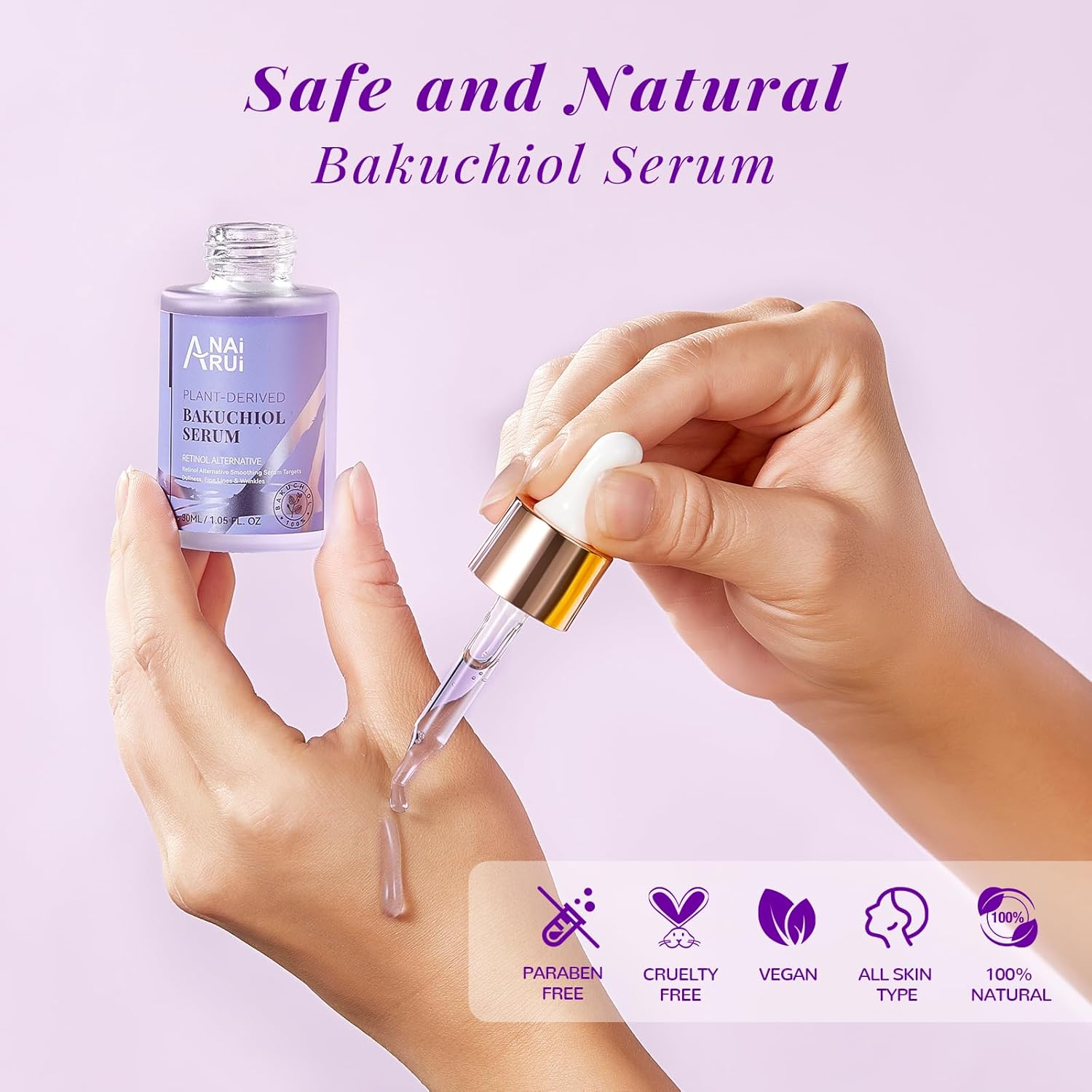 ANAiRUi Bakuchiol Serum with Hyaluronic Acid & Peptide, Retinol Alternative Face Serum for Face and Neck, Hydrating, Smoothing, Anti Aging, Reducing Fine Lines and Wrinkles, 30 ml-5