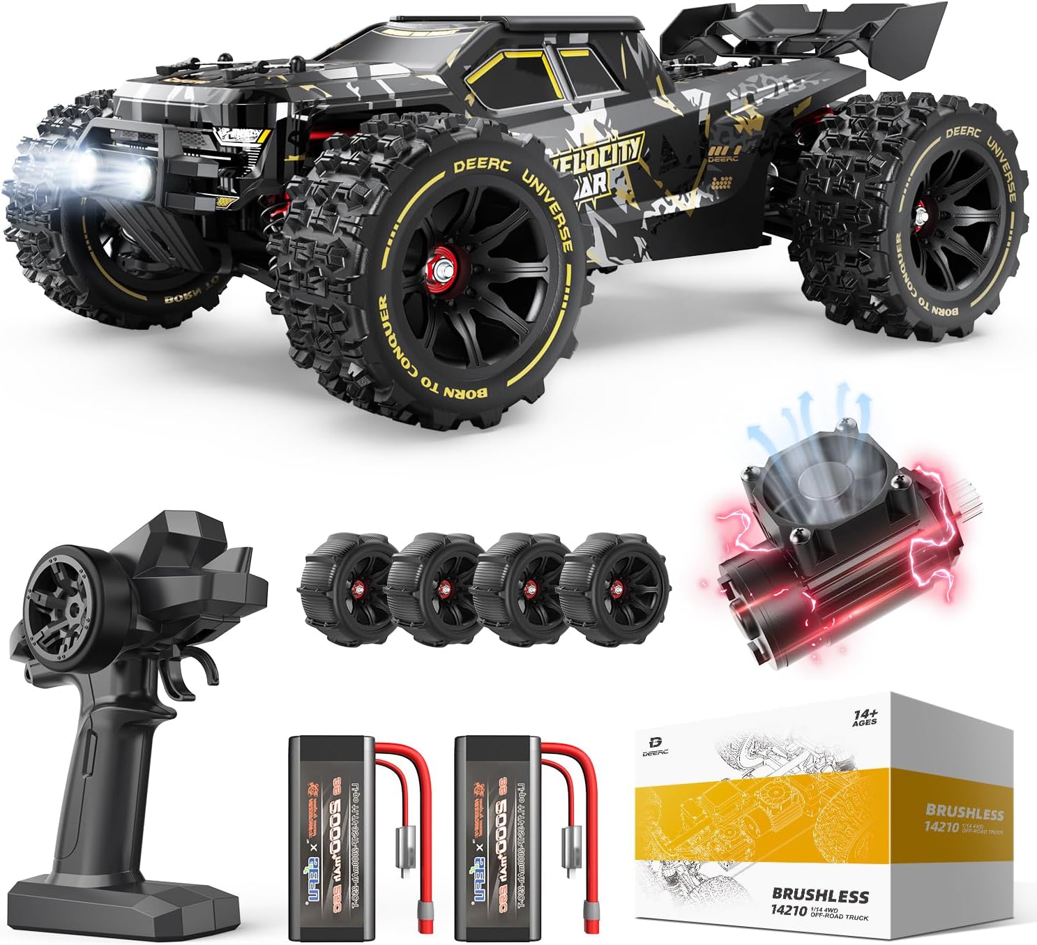 DEERC 1:14 Fast Brushless RC Cars for Adults & Boys, Max 50+ MPH, 2 3S Lipo Batteries 4x4 Waterproof RC Truck, High Speed Offroad Remote Control Car, All Terrain RC Truggy for Snow,Sand & Mud-0