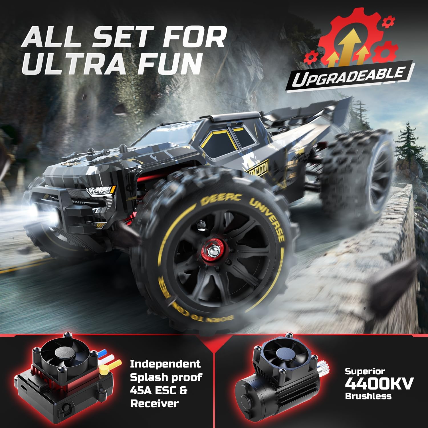 DEERC 1:14 Fast Brushless RC Cars for Adults & Boys, Max 50+ MPH, 2 3S Lipo Batteries 4x4 Waterproof RC Truck, High Speed Offroad Remote Control Car, All Terrain RC Truggy for Snow,Sand & Mud-4