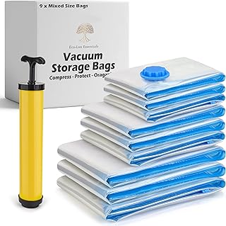 Vacuum Storage Bags - Clothes Storage Bag Vacuum Pack - Space Saver Vacuum Storage Bags for Clothes Storage, Vacuum Bags for Bedding - Vacuum Bags for Clothes - with Pump (9 Pack Mixed)