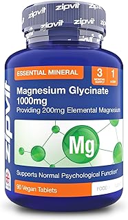 Zipvit Magnesium Glycinate 1000mg, 3 Months Supply, High Strength, Highly Absorbable, No Complexes, 90 Vegan Tablets, Supports Nerves, Muscles, Sleep, Vegan Supplement, UK Supplier