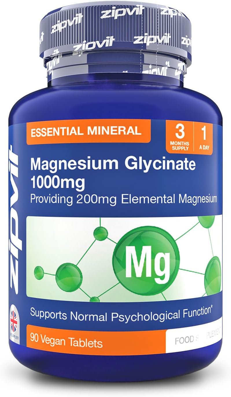 Zipvit Magnesium Glycinate 1000mg, 3 Months Supply, High Strength, Highly Absorbable, No Complexes, 90 Vegan Tablets, Supports Nerves, Muscles, Sleep, Vegan Supplement, UK Supplier-0