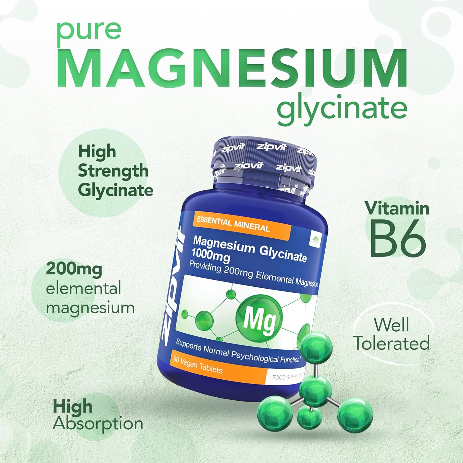 Zipvit Magnesium Glycinate 1000mg, 3 Months Supply, High Strength, Highly Absorbable, No Complexes, 90 Vegan Tablets, Supports Nerves, Muscles, Sleep, Vegan Supplement, UK Supplier-1