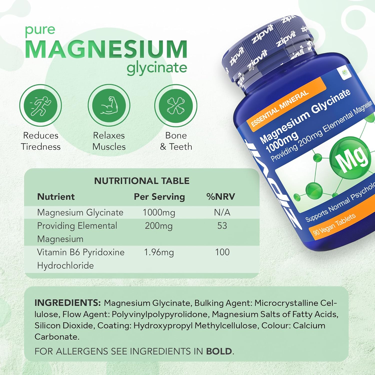 Zipvit Magnesium Glycinate 1000mg, 3 Months Supply, High Strength, Highly Absorbable, No Complexes, 90 Vegan Tablets, Supports Nerves, Muscles, Sleep, Vegan Supplement, UK Supplier-4