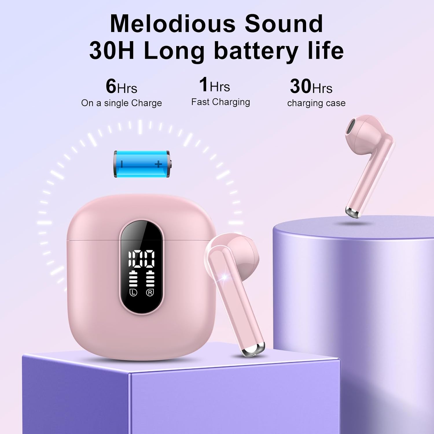 Wireless Earbuds, 2024 Bluetooth 5.3 Headphones, Stereo Earphones with ENC Mic, Wireless Headphones in ear earbuds with Dual LED Display, 30H Playtime, Gym Headphones IP7 Waterproof, Sunset Pink-4