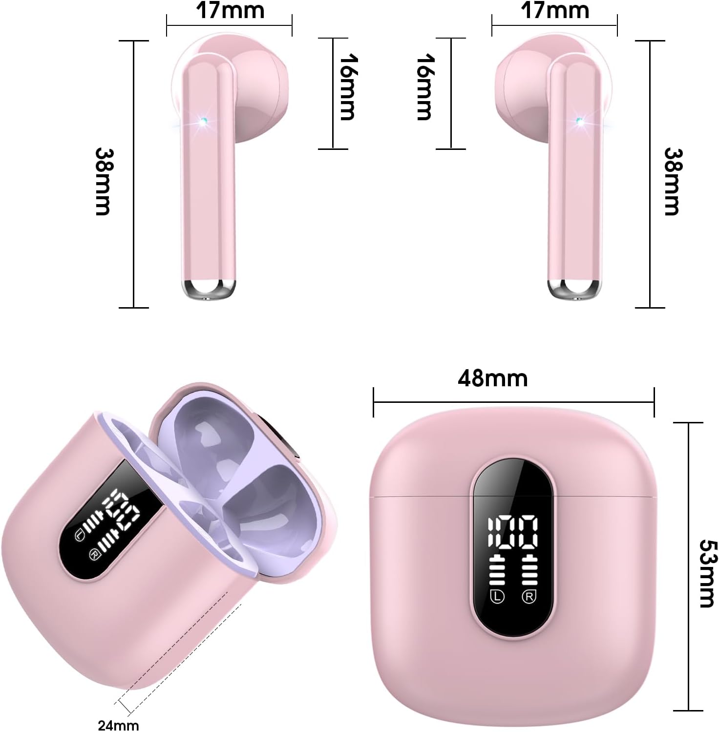 Wireless Earbuds, 2024 Bluetooth 5.3 Headphones, Stereo Earphones with ENC Mic, Wireless Headphones in ear earbuds with Dual LED Display, 30H Playtime, Gym Headphones IP7 Waterproof, Sunset Pink-7