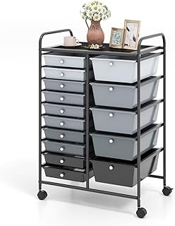 GiantexUK 15 Drawers Rolling Trolley, Utility Storage Organizer Cart with Wheels, Home Office Hairdressing Salon Shelving Organizer Unit (Gradient Black + Black Frame)