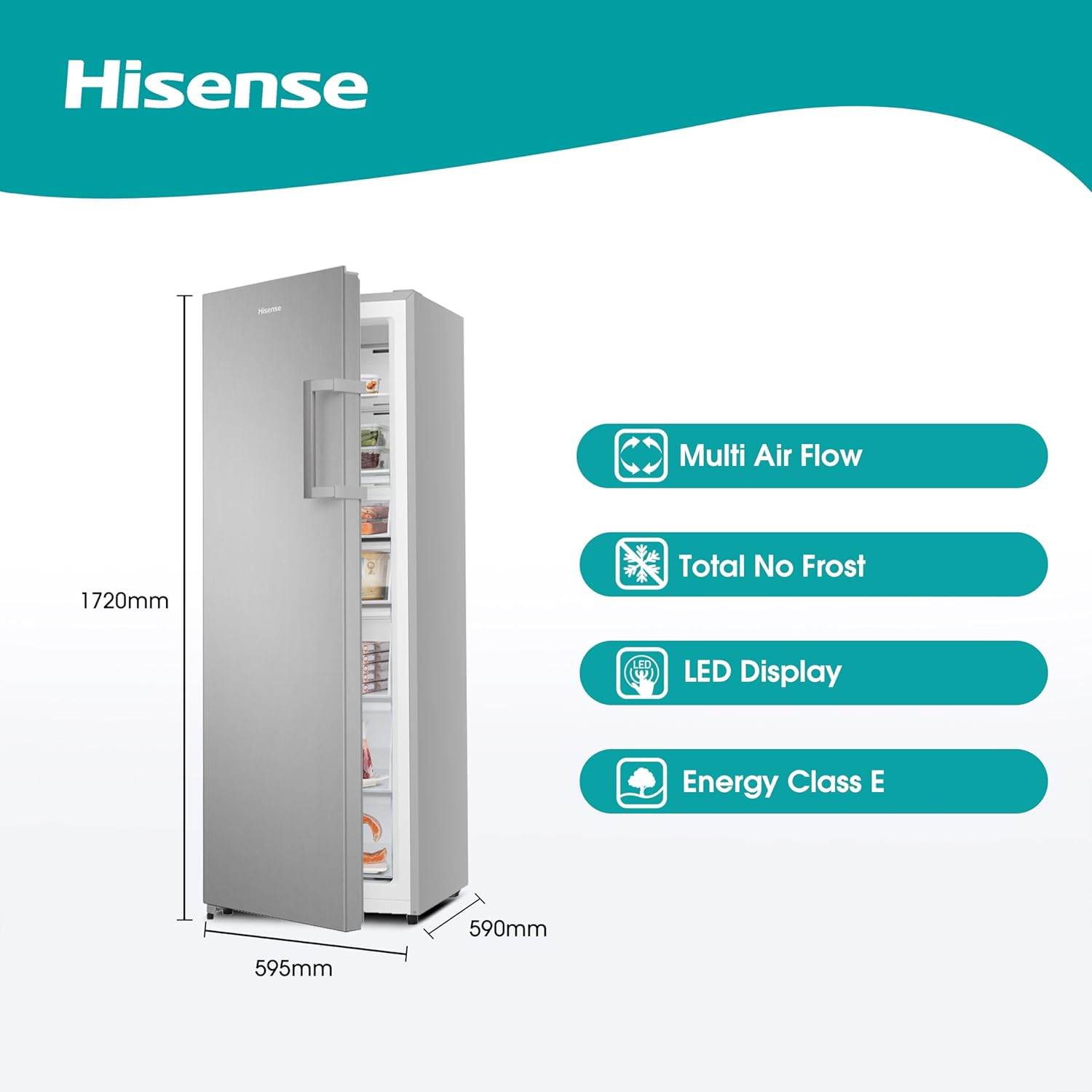 Hisense FV298N4ACE Tall Freestanding Freezer 240 Litre Capacity Total No Frost with LED Display 59D x 59.5W x 172H cm - Stainless Steel, Silver-1