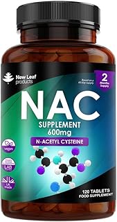 NAC N-Acetyl-Cysteine 600mg (per Serving) N-Acetyl Cysteine Nutritional Supplements 120 NAC Tablets - Nac Supplement High Bioavailability Amino Acid - Vegan Friendly - Made in UK by New Leaf