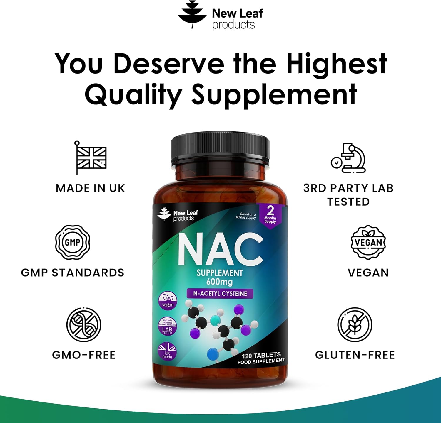 NAC N-Acetyl-Cysteine 600mg (per Serving) N-Acetyl Cysteine Nutritional Supplements 120 NAC Tablets - Nac Supplement High Bioavailability Amino Acid - Vegan Friendly - Made in UK by New Leaf-3