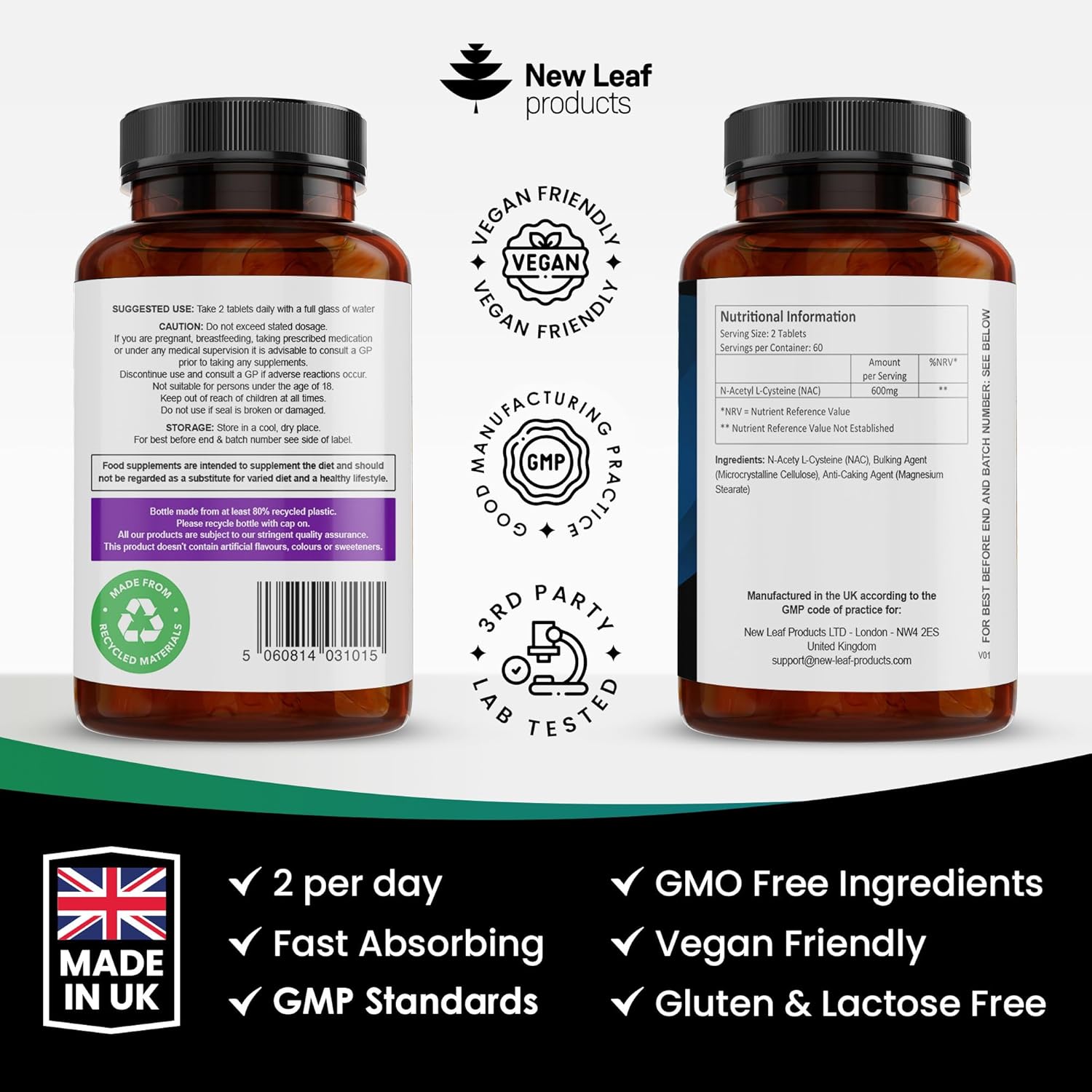 NAC N-Acetyl-Cysteine 600mg (per Serving) N-Acetyl Cysteine Nutritional Supplements 120 NAC Tablets - Nac Supplement High Bioavailability Amino Acid - Vegan Friendly - Made in UK by New Leaf-5