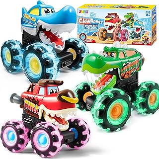 JOYIN 3 Pack Monster Truck Toys for Boy Girl Age 1 2 3 4 5 6, Motion Activated Light-Up Cars, Monster Treads Lightning Wheels, Baby Gift- Pull Back Friction Toy Cars for Kids 1 2+ Year Old Boys