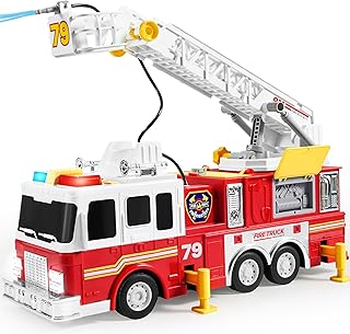 JOYIN Extra Large 33-inch Ladder Fire Truck Toys for Boys Aged 3 4 5 6 7 8 Years Old, Fire Engine Toys, Electric Buttons, Lights, Sirens, Rotatable Hose Reel & Removable Water Pump, Birthday Gift