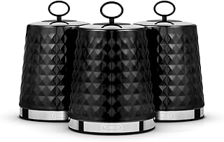 Tower T826207BLK Solitaire Set of 3 Canisters, Mirror Finished Steel Lid with Round Loop, Airtight, Black, Stainless Steel, 1.3 liters