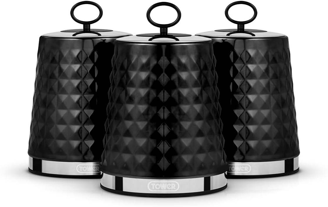 Tower T826207BLK Solitaire Set of 3 Canisters, Mirror Finished Steel Lid with Round Loop, Airtight, Black, Stainless Steel, 1.3 liters-0