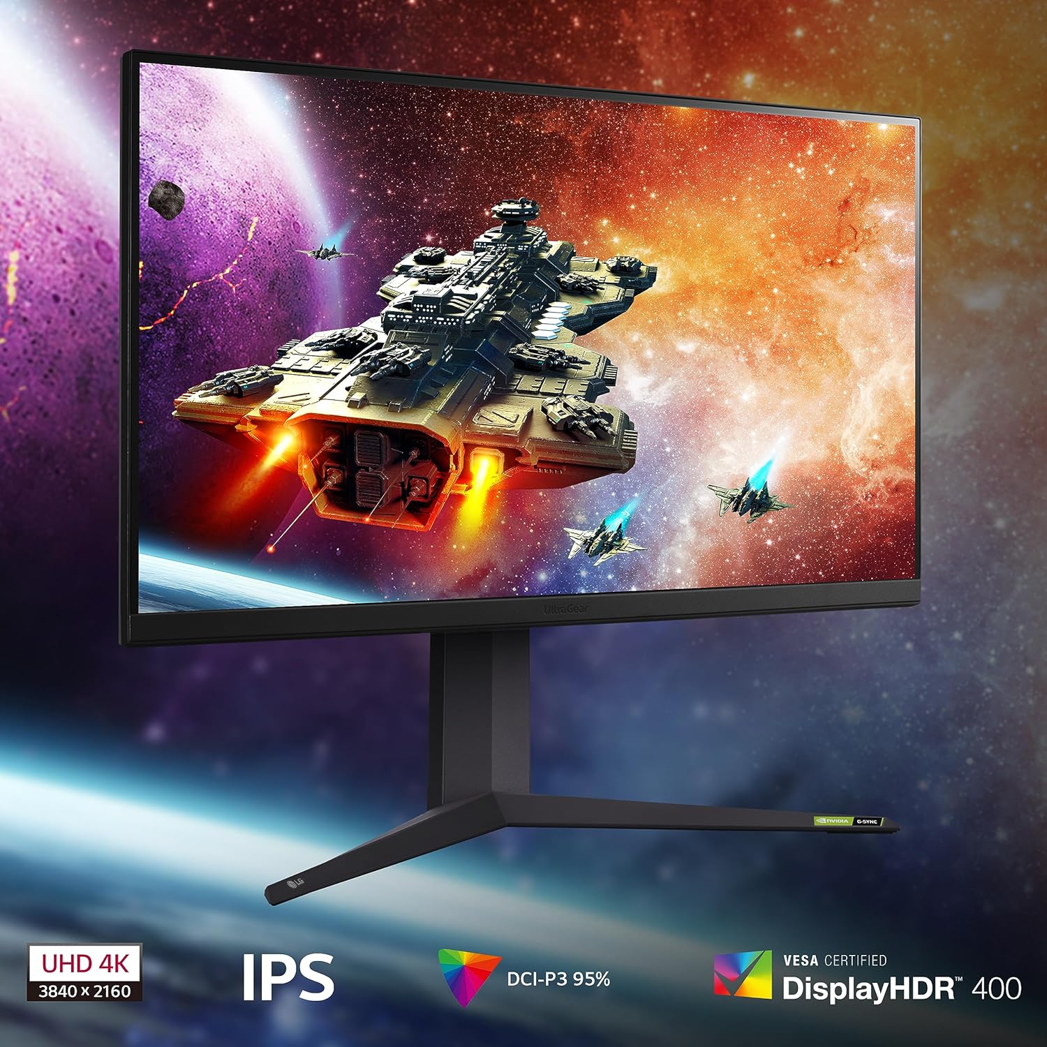 LG UltraGear 4K Gaming Monitor 32GR93U, 31.5 inch, 4K, 144Hz, 1ms GtG, IPS Display, HDR 10, NVIDIA G-Sync & AMD FreeSync compatible, Smart Energy Saving, Displayport, HDMI-2