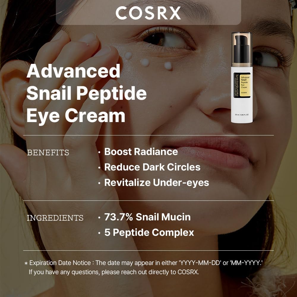 COSRX Advanced Snail Peptide Eye Cream with 73.7% Snail Mucin + 2% Niacinamide, 0.85 fl.oz / 25ml | Brightening Night Cream for Fine Lines & Dark Circles, Korean Skin Care, Not Tested on Animals-1