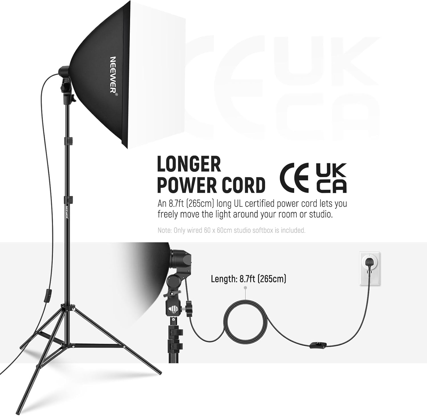 NEEWER 60x60cm Softbox with E27 Porcelain Socket/CE/UKCA Certified Power Cord/White Diffuser/Stand Adapter, Durable Nylon Softbox Lighting Modifier for Studio Photography Lighting, SF6060 (UK Plug)-1