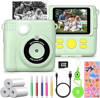 GREENKINDER Kids Camera, Instant Camera for Kids 1080P 2.4 Inch with 32GB Card, 3 Rolls Print Paper and Colour Pens Digital Camera, Birthday Christmas Kids Toys Gifts Kids Camera for Kids Age 3-12