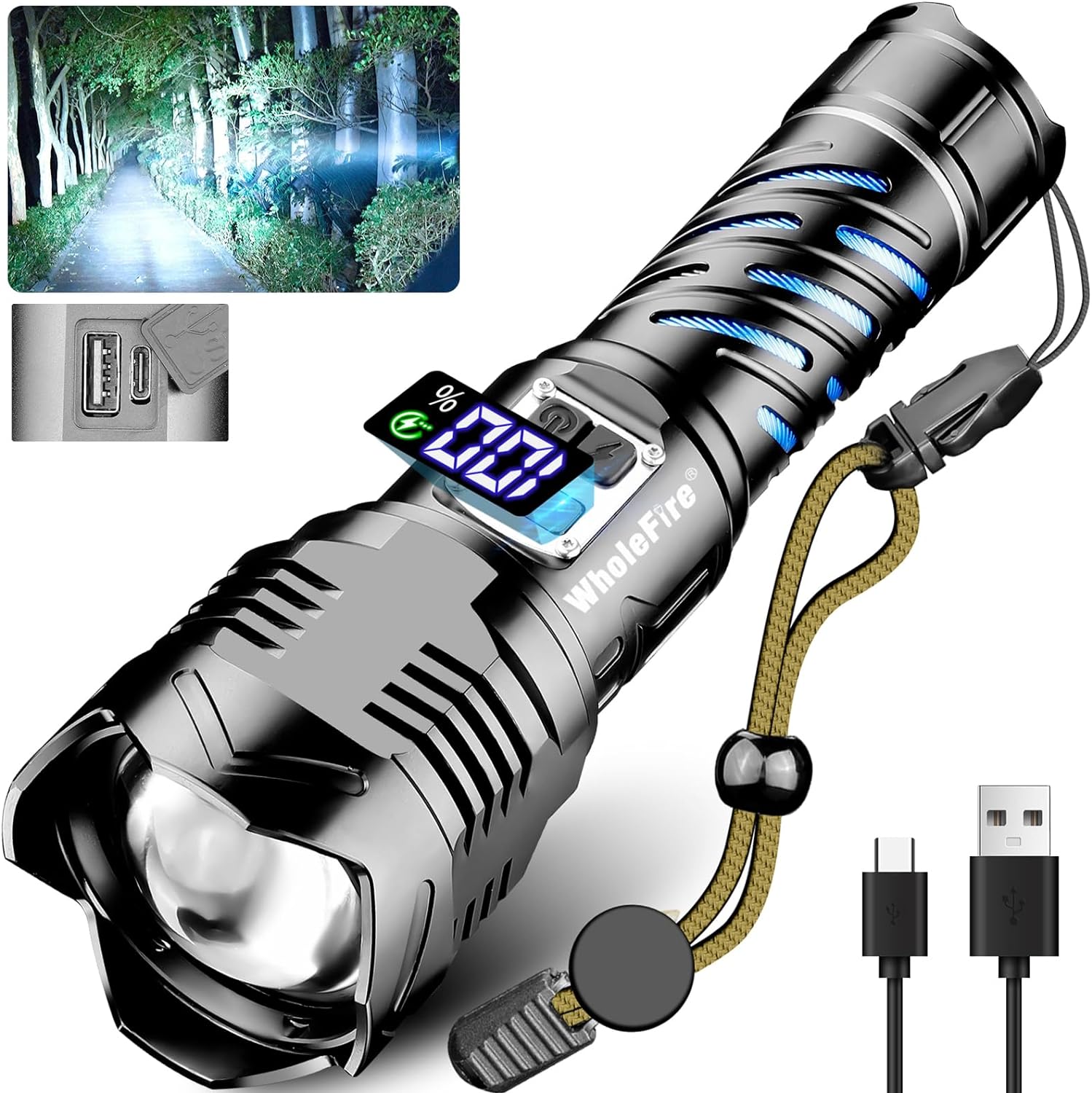 WholeFire LED Rechargeable Torch, Extremely Bright 150000 Lumens, IP65 Waterproof Torch, Battery Operated, USB for Outdoor Emergencies, Camping-0