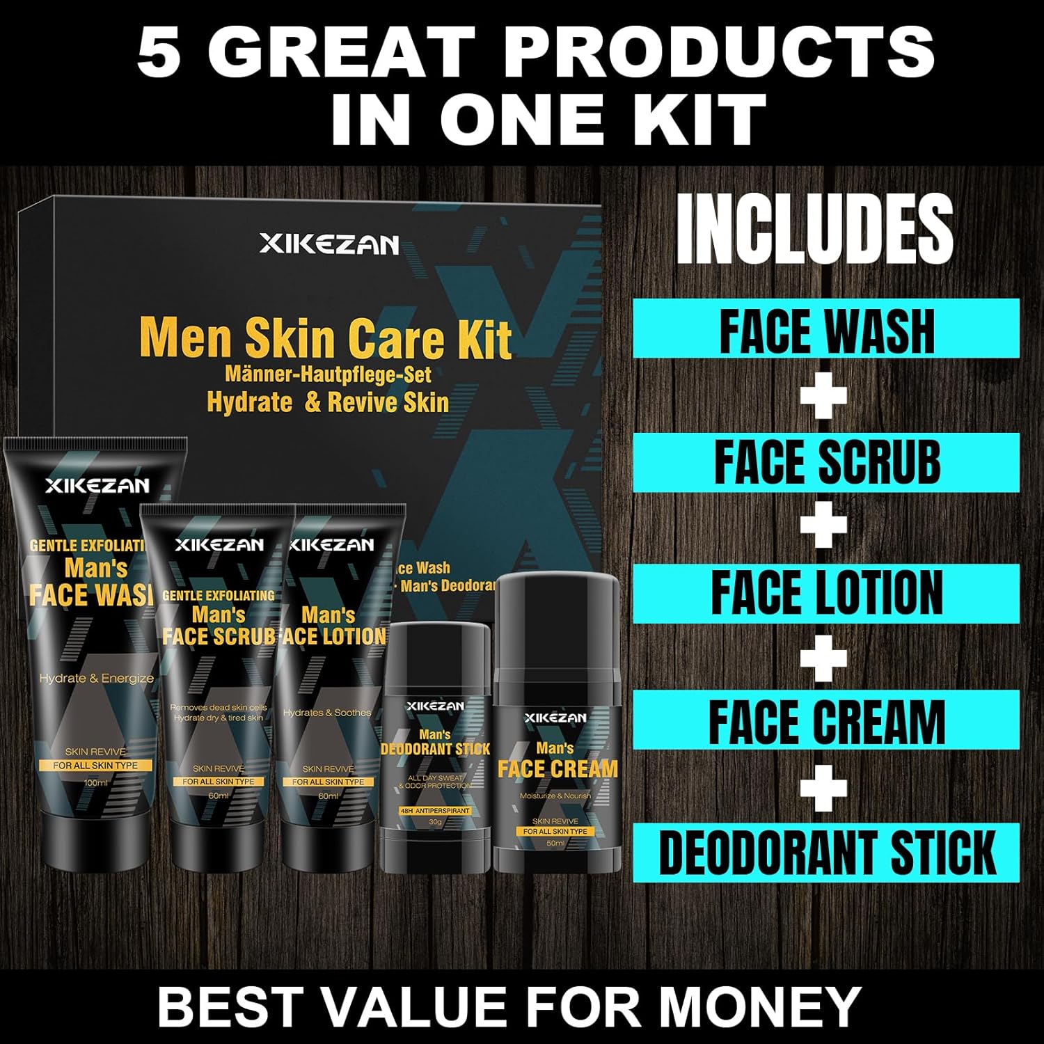 Skin Care For Men,5 PACK Mens Skin Care Kit w/Men Face Wash,Face Moisturizer,Face Lotion,Face Cream,Deodorant for Daily Cleansing,Moisturizing & Refreshing Skin,Natural Men Skin Care Kit Gifts for Men-1