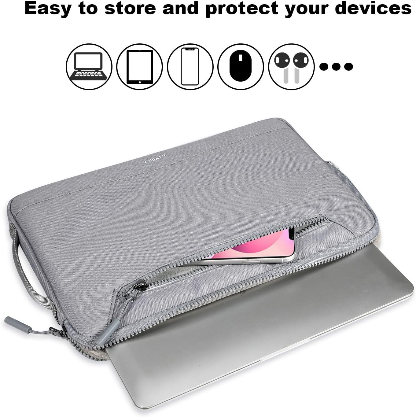 LANDICI 360°Protective Laptop Sleeve Carry Case 15.6 16 Inch with Handle, Waterproof Slim Computer Cover Bag for MacBook Pro 16, Asus vivobook 15, HP Lenovo Acer Dell, Gray-2