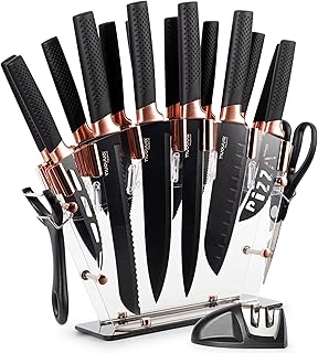 nuovva Professional Kitchen Knife Set with Block - Copper 17 Piece Knives Set with Steak Knives - Clear Acrylic Block High Carbon Stainless Steel Blades - with Knife Sharpener Peeler and Scissors