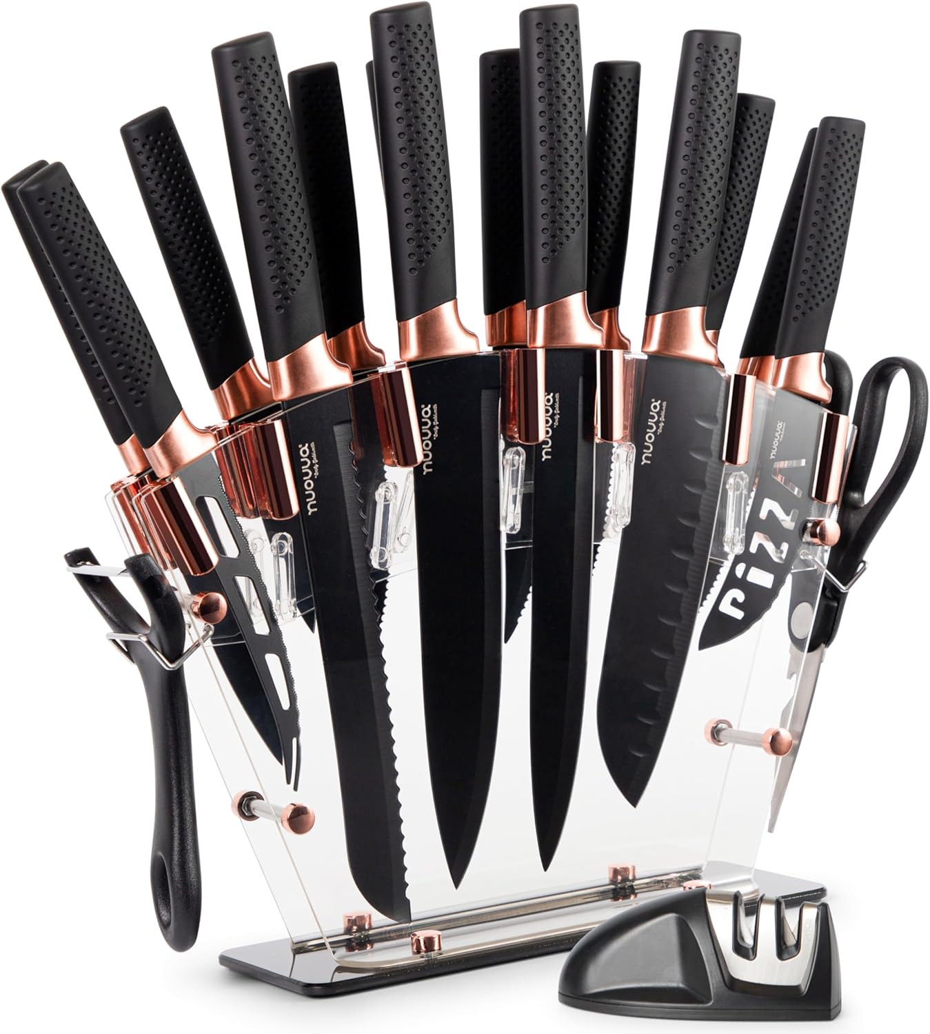 nuovva Professional Kitchen Knife Set with Block - Copper 17 Piece Knives Set with Steak Knives - Clear Acrylic Block High Carbon Stainless Steel Blades - with Knife Sharpener Peeler and Scissors-0