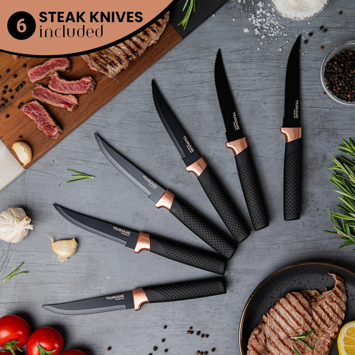 nuovva Professional Kitchen Knife Set with Block - Copper 17 Piece Knives Set with Steak Knives - Clear Acrylic Block High Carbon Stainless Steel Blades - with Knife Sharpener Peeler and Scissors-5