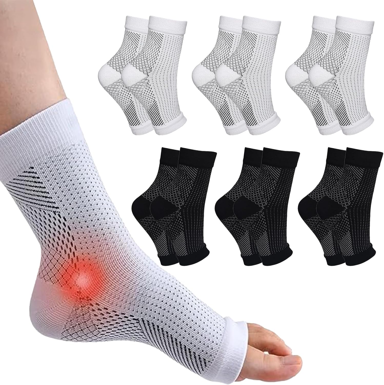 Neuropathy Socks 6 Pairs Plantar Fasciitis Socks for Men And Women Ankle Compression Socks for Neuro Pathy Sprained Pain Relief for Feet Breathable Anti-Slip Functional Socks Neuropathy(Black+White)-0