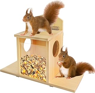 Suewidfay Squirrel Feeder with Lift-Up Lid, Wooden Squirrel Feeders for Outdoor Winter Garden Outside Backyard, Waterproof Durable Squirrel Feeder Just for Squirrels