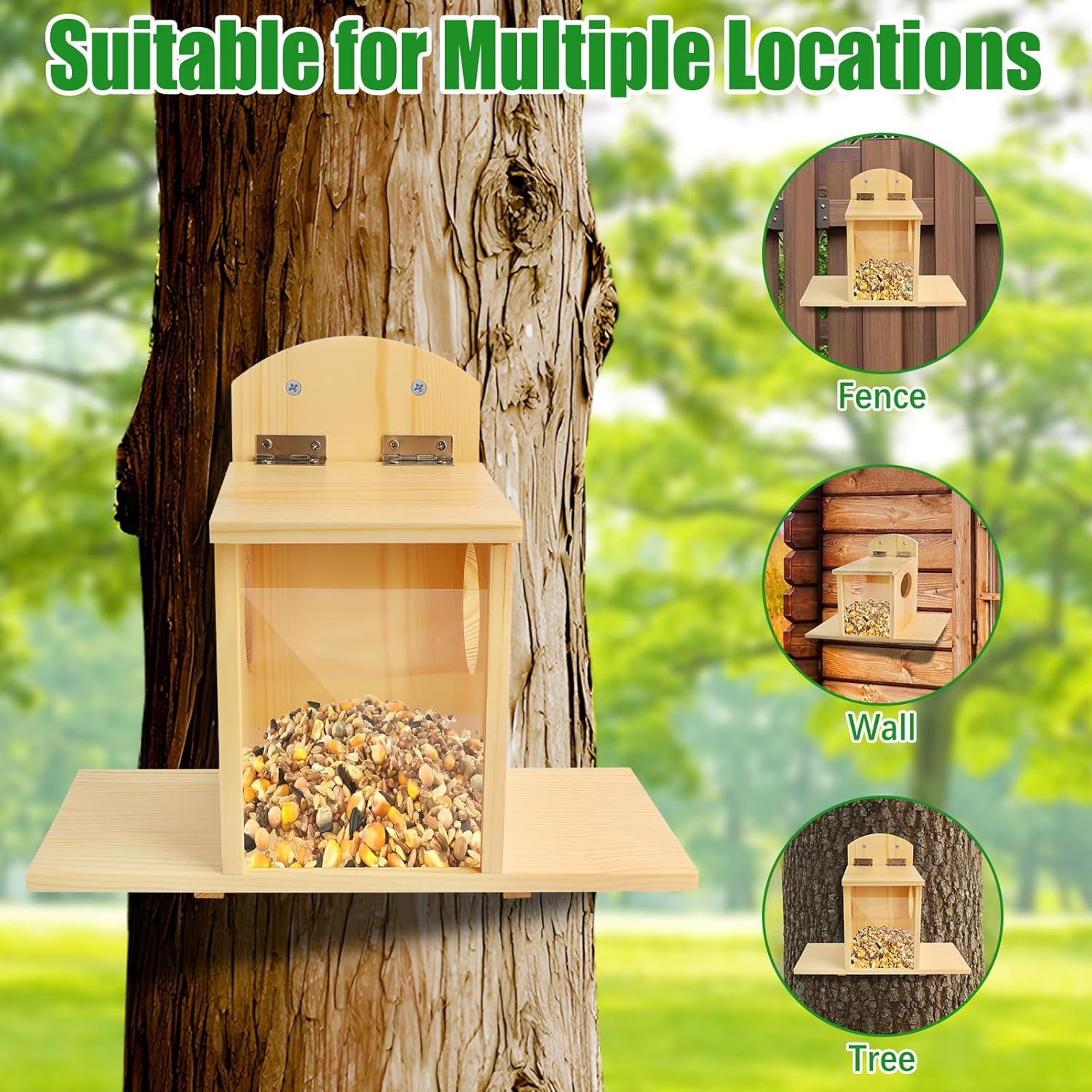 Suewidfay Squirrel Feeder with Lift-Up Lid, Wooden Squirrel Feeders for Outdoor Winter Garden Outside Backyard, Waterproof Durable Squirrel Feeder Just for Squirrels-1