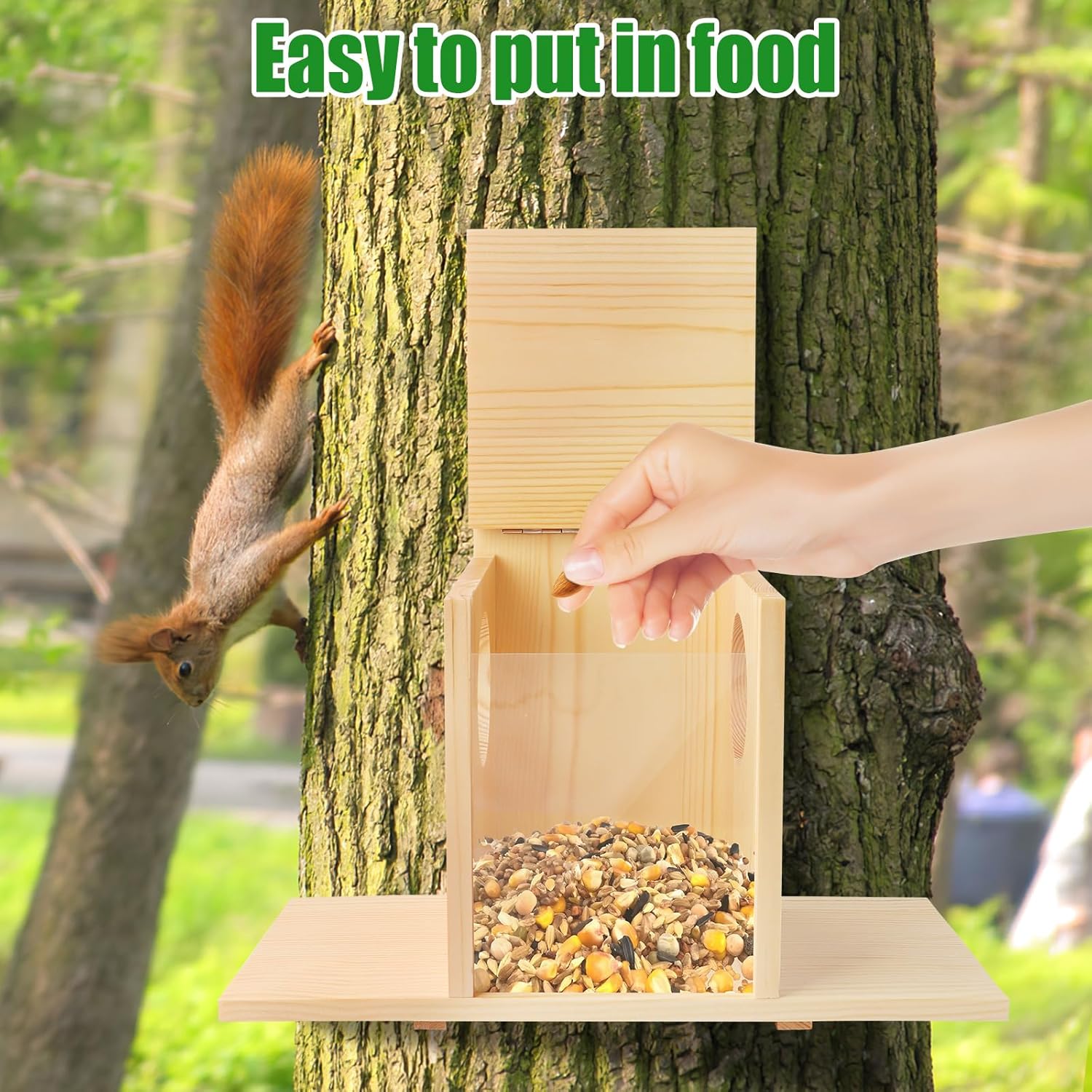 Suewidfay Squirrel Feeder with Lift-Up Lid, Wooden Squirrel Feeders for Outdoor Winter Garden Outside Backyard, Waterproof Durable Squirrel Feeder Just for Squirrels-2