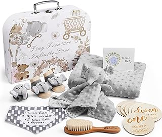 Lictin Baby Gift Set for Boys Girls, 14PCS Baby Shower Gifts, Neutral Newborn Gifts Basket with Baby Blanket, Wooden Monthly Milestone Cards, Elephant Security Blanket (Grey, 14pcs)