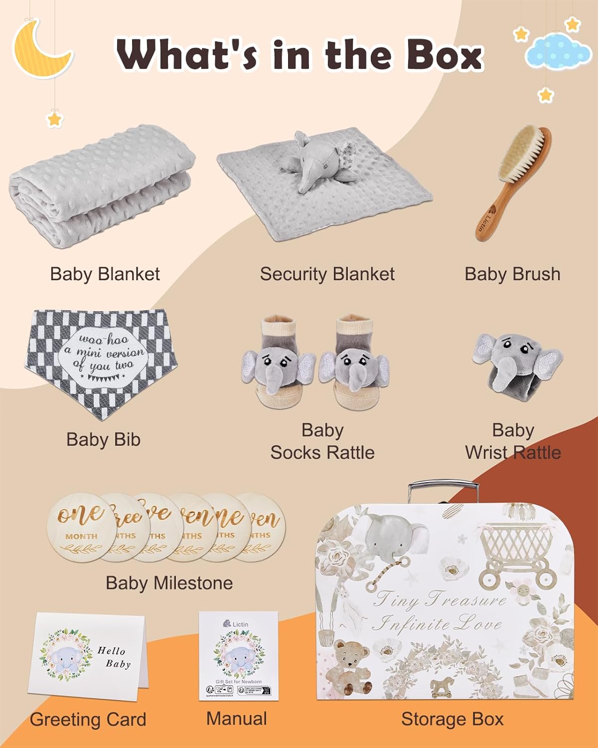 Lictin Baby Gift Set for Boys Girls, 14PCS Baby Shower Gifts, Neutral Newborn Gifts Basket with Baby Blanket, Wooden Monthly Milestone Cards, Elephant Security Blanket (Grey, 14pcs)-1