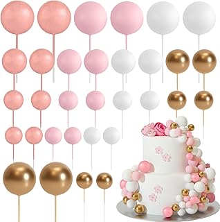 ASTARON 32 Pcs Ball Cake Topper Decorations Mini Balloons Cake Topper Sticks Foam Balls Cake Picks Cake Topper Balls Cake Decorations for Wedding Party Birthday Cake Decorations (Rose gold，Pink)