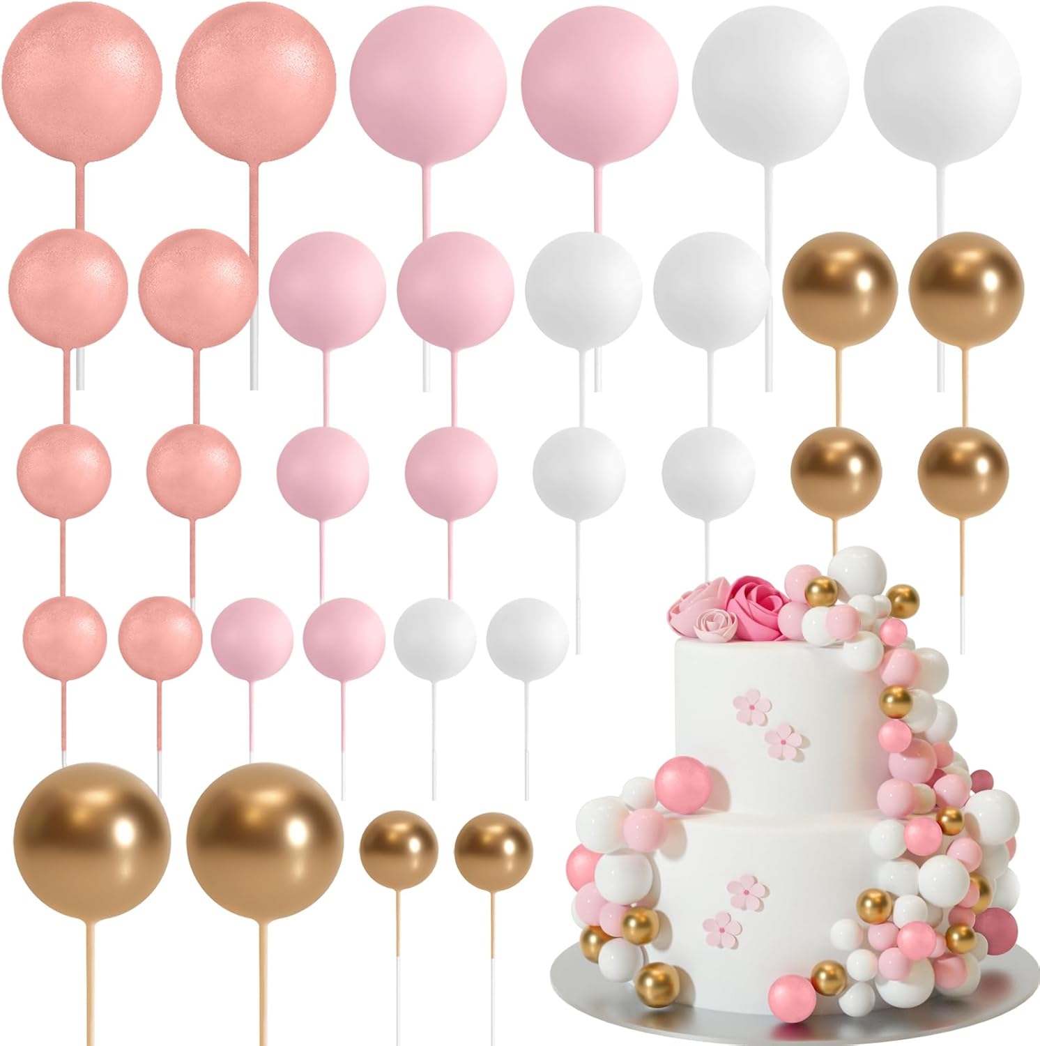 ASTARON 32 Pcs Ball Cake Topper Decorations Mini Balloons Cake Topper Sticks Foam Balls Cake Picks Cake Topper Balls Cake Decorations for Wedding Party Birthday Cake Decorations (Rose gold，Pink)-0