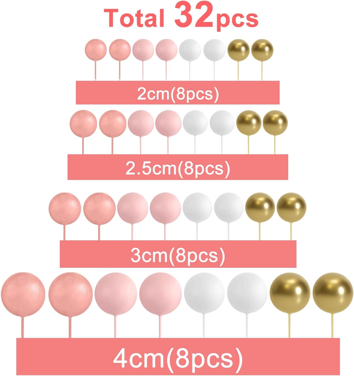 ASTARON 32 Pcs Ball Cake Topper Decorations Mini Balloons Cake Topper Sticks Foam Balls Cake Picks Cake Topper Balls Cake Decorations for Wedding Party Birthday Cake Decorations (Rose gold，Pink)-1