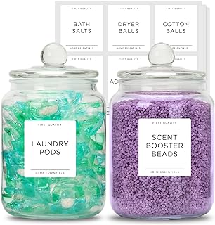 2 Large Glass Jars for Laundry Room Organization, 2000ml Laundry Glass Containers with Labels, Storage Laundry Jar with Airtight Lids for Laundry Detergent, Laundry Pods