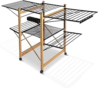 VOUNOT Large Clothes Airer, Foldable Clothes Drying Rack, 2-Level Clothes Horse with Wings & Casters, Free-Standing Garment Laundry Drying Rack for Indoor Outdoor, Black & Wood Look