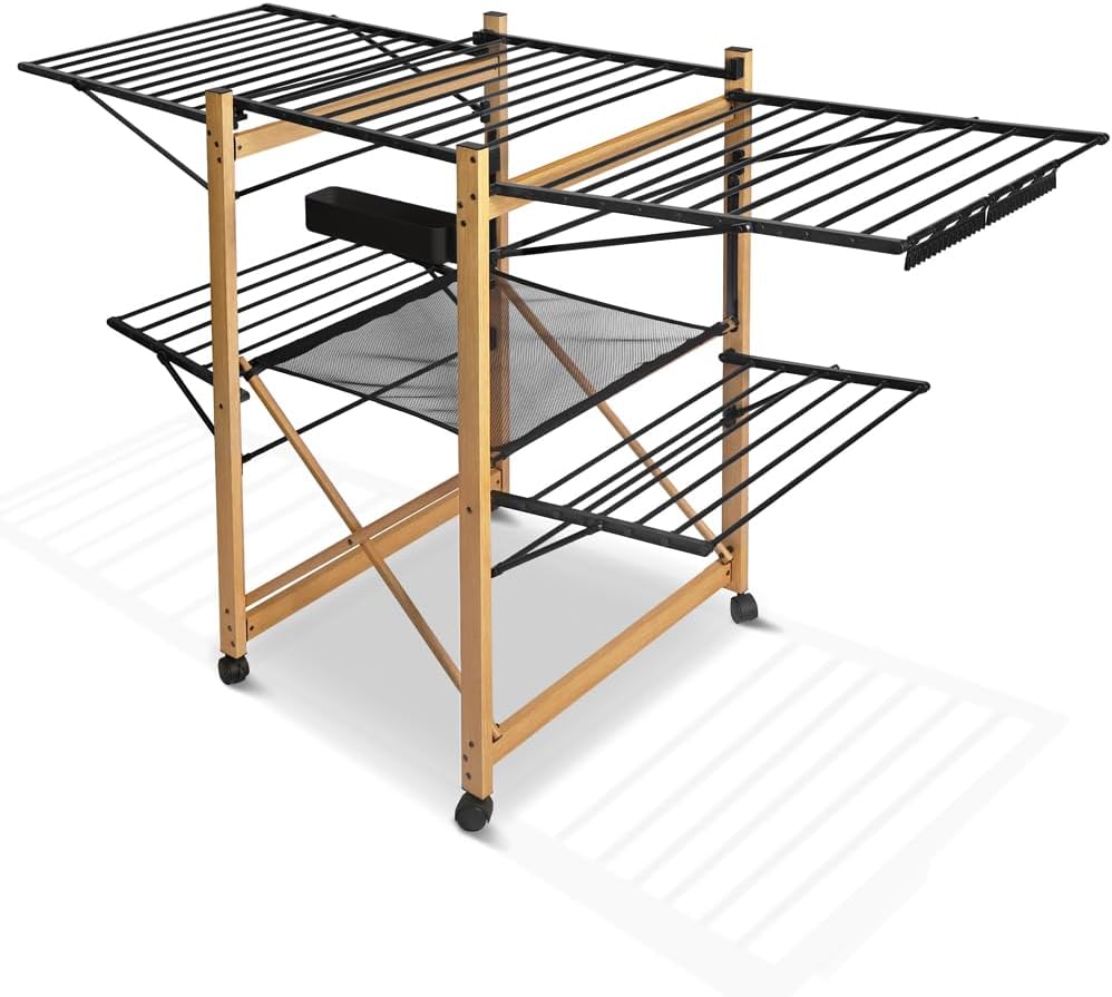 VOUNOT Large Clothes Airer, Foldable Clothes Drying Rack, 2-Level Clothes Horse with Wings & Casters, Free-Standing Garment Laundry Drying Rack for Indoor Outdoor, Black & Wood Look-0