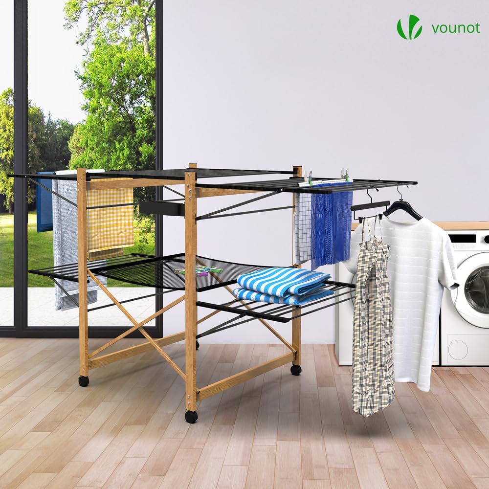 VOUNOT Large Clothes Airer, Foldable Clothes Drying Rack, 2-Level Clothes Horse with Wings & Casters, Free-Standing Garment Laundry Drying Rack for Indoor Outdoor, Black & Wood Look-1