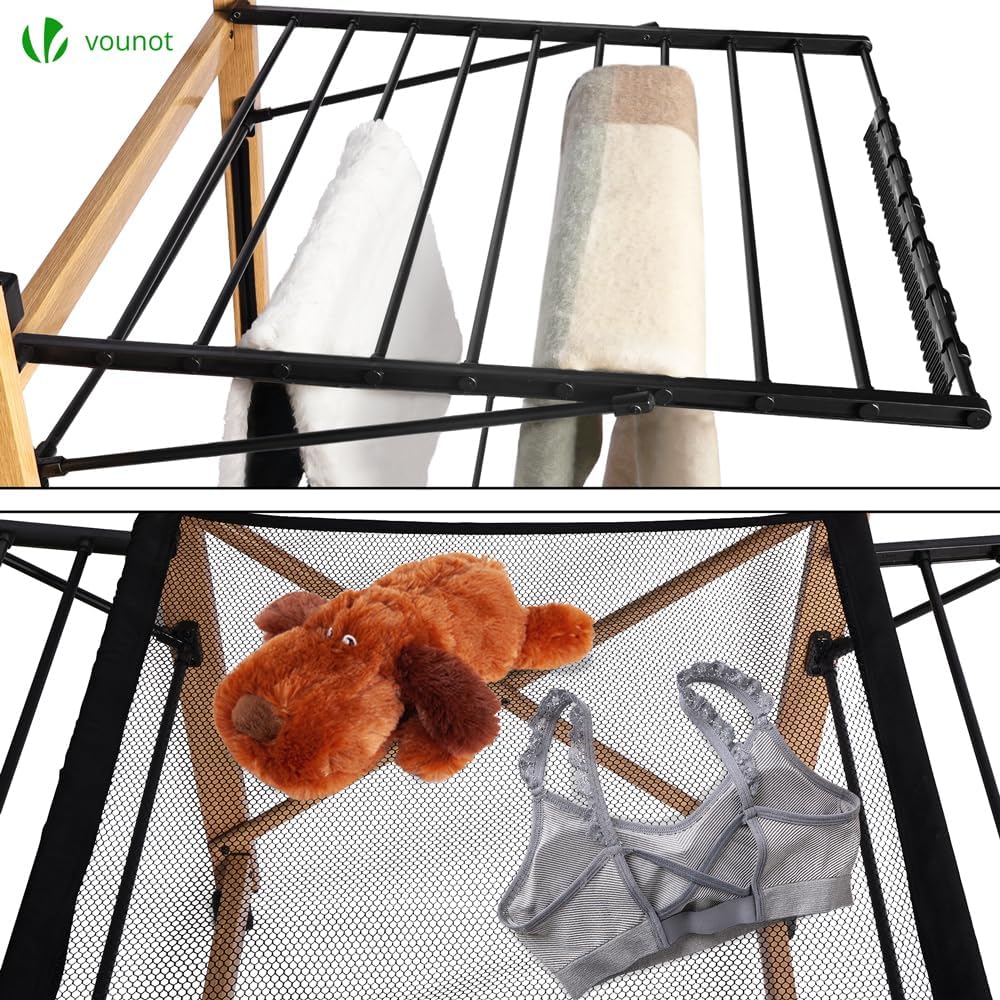 VOUNOT Large Clothes Airer, Foldable Clothes Drying Rack, 2-Level Clothes Horse with Wings & Casters, Free-Standing Garment Laundry Drying Rack for Indoor Outdoor, Black & Wood Look-2